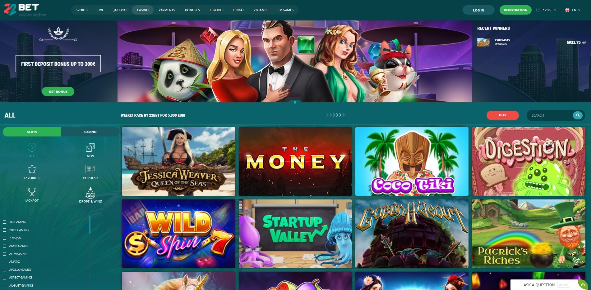 22Bet casino slot games lobby.