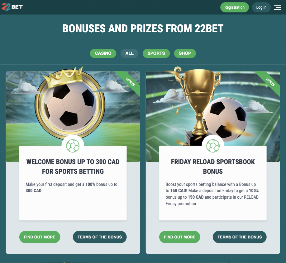 Betting and casino bonuses on the 22bet app.