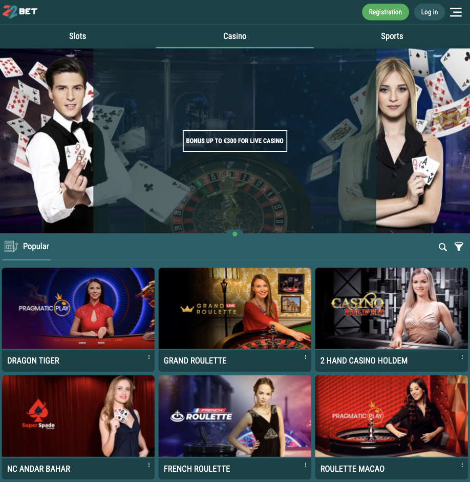 22Bet mobile app live casino lobby.