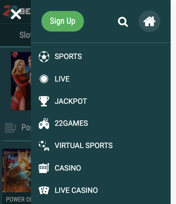 22Bet app for Android navigation menu.