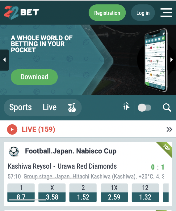 22Bet mobile site version.